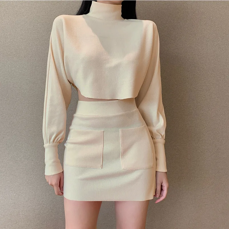 

R20535S Women's 2020 autumn and winter new T-shirt dress fashion beige casual suit, As picture