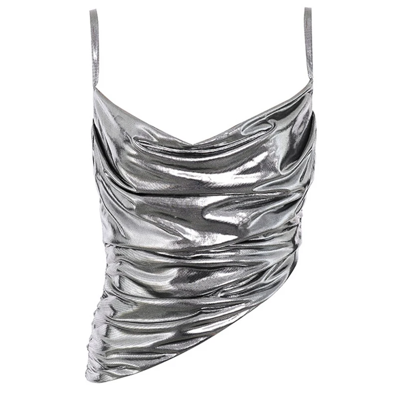 

Spot Cool Reflective Silver Mini Strap Women Tube ladies Crop Top Matching with Skirt, Evening party reflective