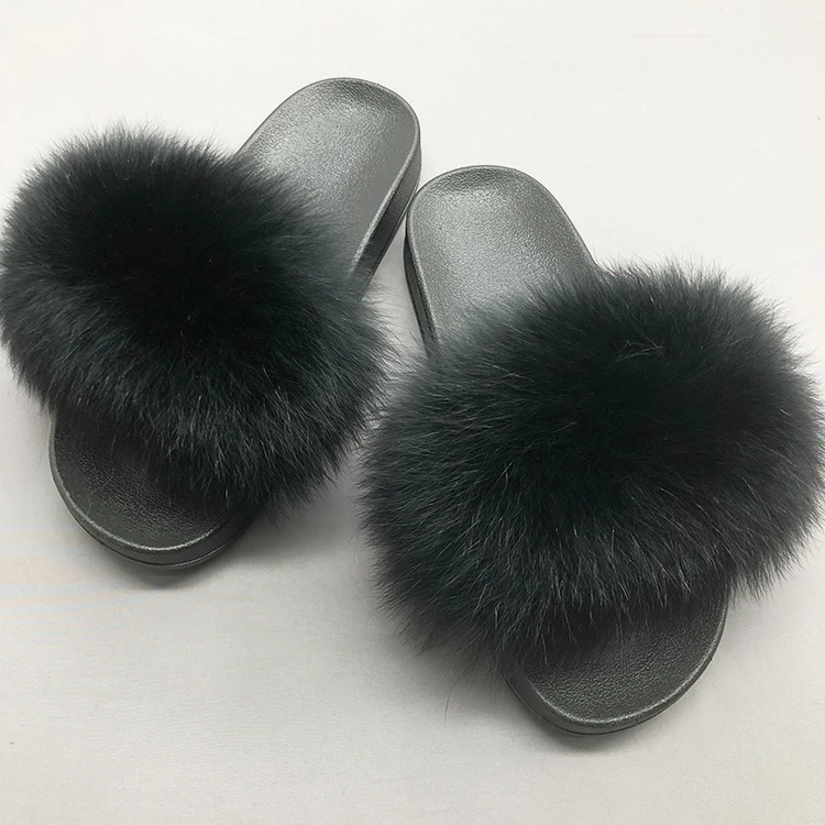 

Cheap high quality fluffy real fur slides black fox fur slides, Customized color