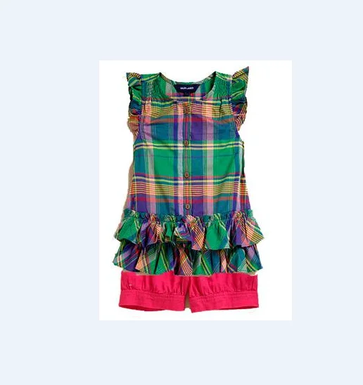 

Retail Children wear summer style 100% cotton 2 pcs girls clothes girl sleeveless shirt shorts set baby girls plaid casual sets, Picture shows