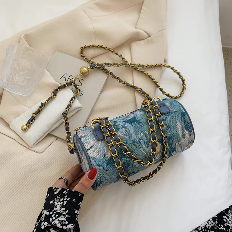 

trendy national preppy small round chains tote bags women handbags ladies flower vase print cylinder shaped shoulder purses bag