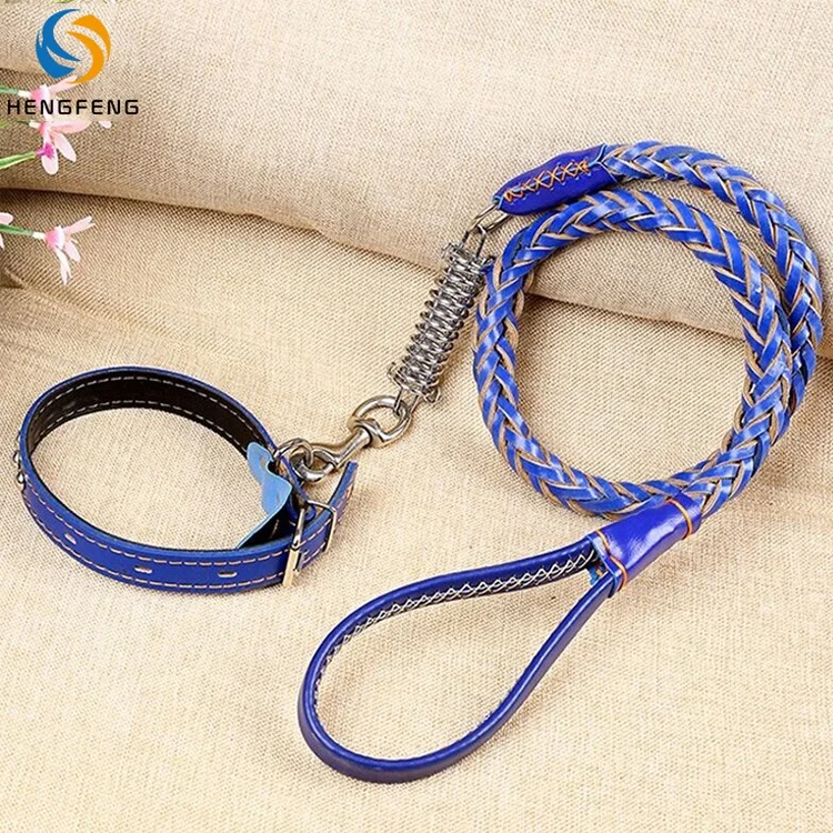 

Wholesale high quality yellow blue leather spring riot braided thick dog leash leather, Customized color