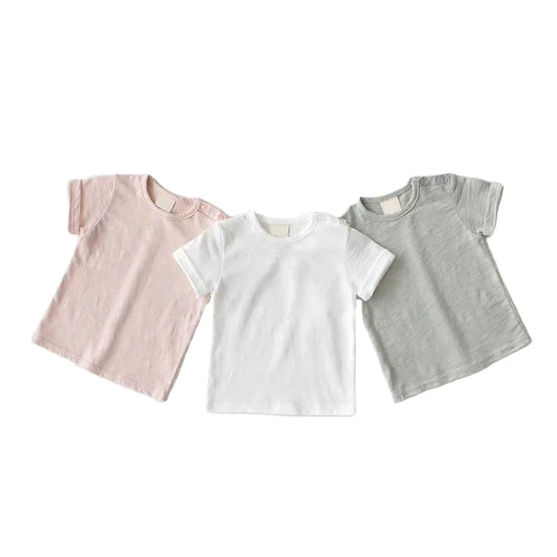 

ZHBB INS Korean Infant T-shirts Spring Summer Short SleeveShoulder Buttons Adjustable Pure Cotton Tops Plain Baby Tees