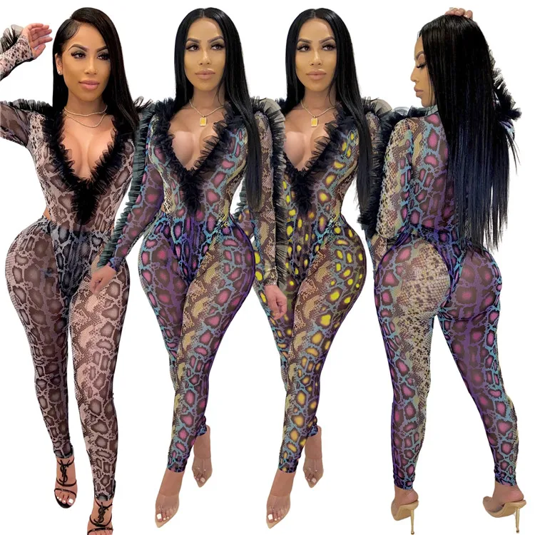 

Clubwear Sexy Women Bodycon Seethrough Mesh Snakeskin Jumpsuit Women Rompers Long Sleeves Clothing Two Pieces Jumpsuit 2020, As picture