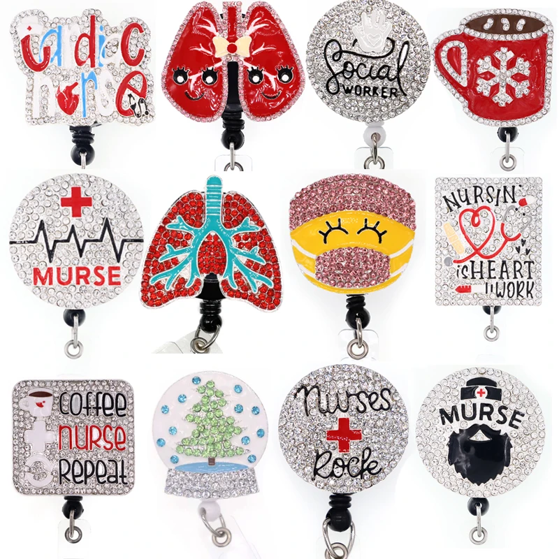 

Lailina Rhinestone Shiny Retractable Badge Reel Christmas Nurse Social Work Murse Office Supply Card Badge Reel Accessories