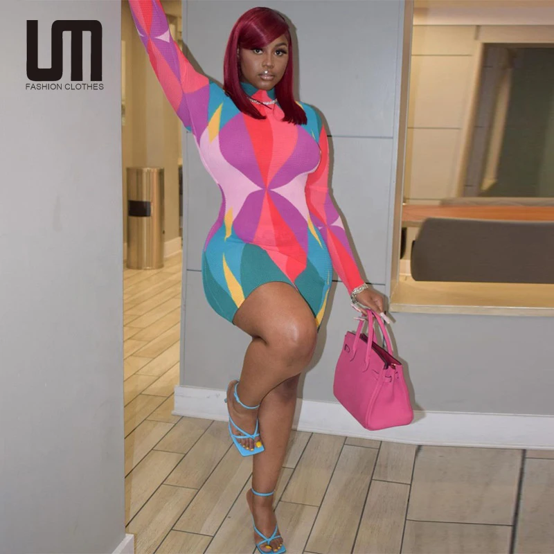 

Fall Winter 2022 Women Clothes Geometric Print Knit Long Sleeve O Neck Sexy Bodycon Vintage Mini Dress
