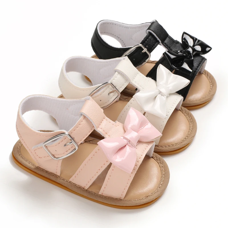 

2020 Latest design Rubber sole pu upper bowknot anti-slip First walker girl baby sandals, White,black, pink