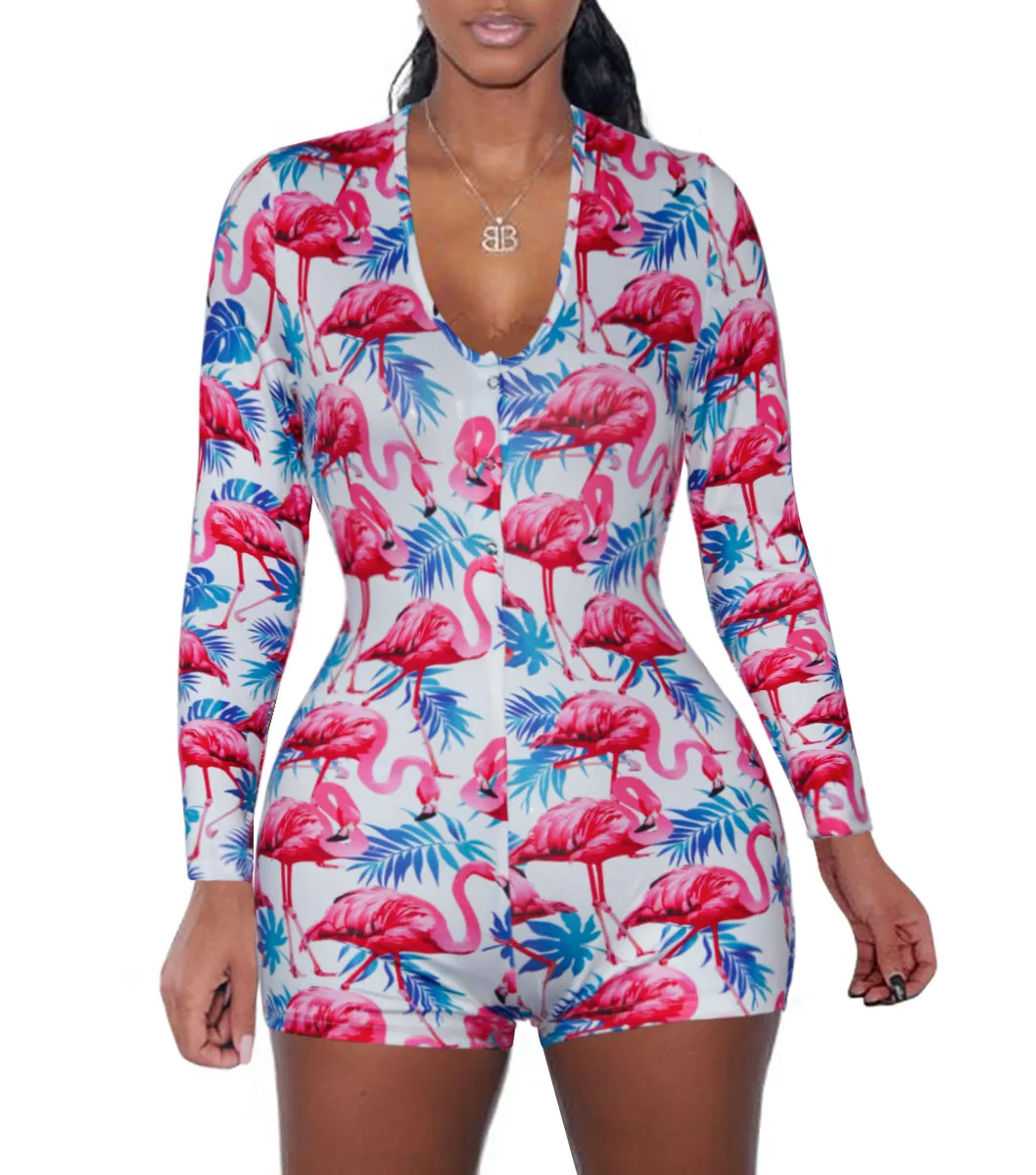 

TOB 2020 spring Sexy Deep V-collar Flamingo Printed Long Sleeve Siamese women Conjoined shorts DZ002, Flamingo, panda, skeleton, cigar