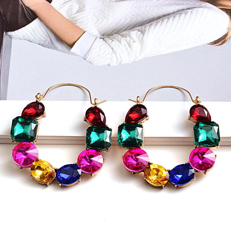 

Luxury Crystal Beads Hoop Earrings For Women Geometric Hollow Shiny Rhinestone Dangle Drop Earring Party Fashion Jewelry, White, red, multicolor, black, ab multi, pink