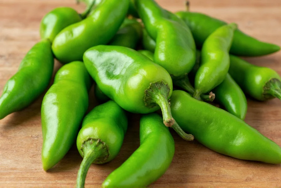 Close-up view of various green chilli pepper varieties showing different shapes and sizes on wooden cutting board