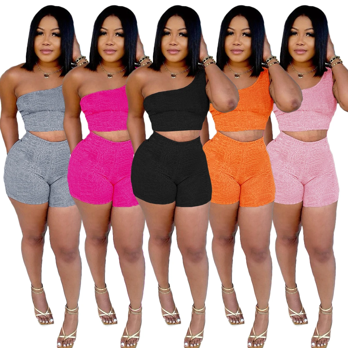 

F146 cross border European and American sexy sets womens clothing two piece fashion Solid one strap top and shorts two piece set