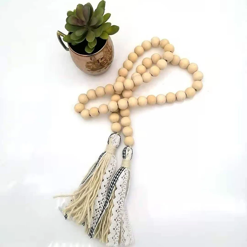 

120cm Rustic Custom boho style Farmhouse looped beaded with Bufflo Ribbon Tassels Rustic Decor Prayer Wood Beads Garland, Natural wood color or customized color