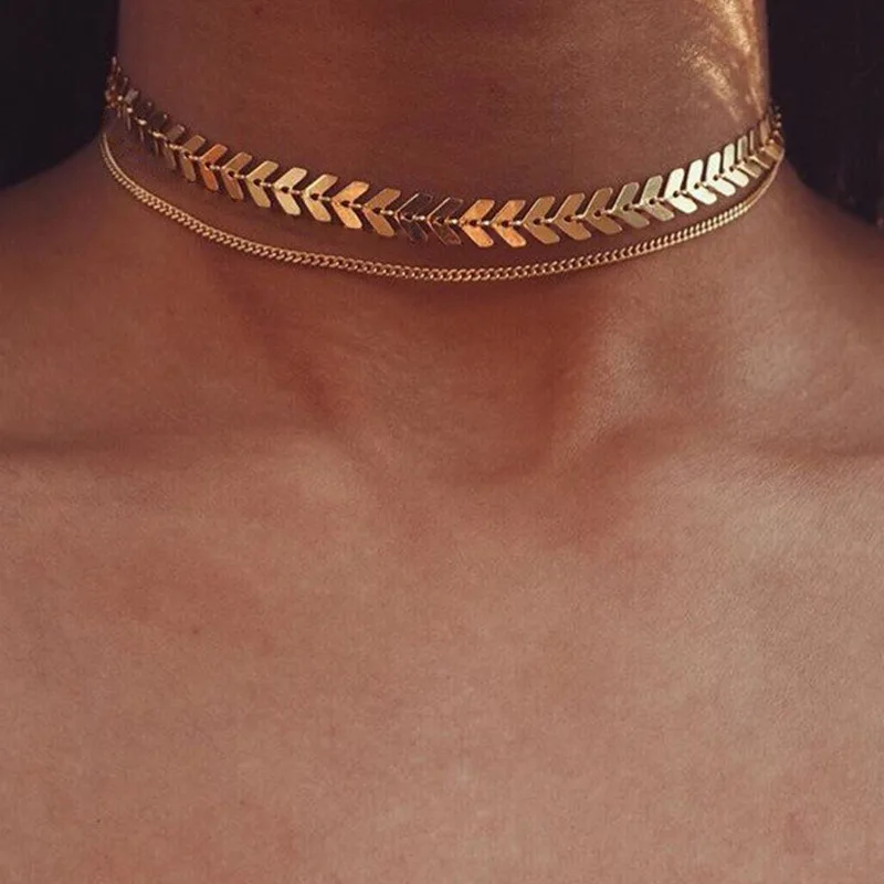 

Multi Arrow choker Necklace Women Two Layers Necklaces Gold Color Fishbone Airplane Flat Chain chockers necklace jewelry, As pic