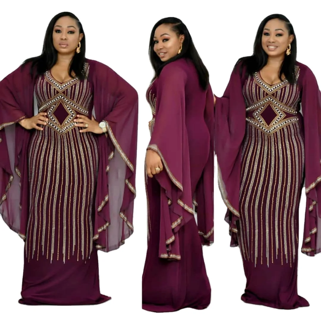 

diamond beads exaggerated chiffon big sleeves slim fish tail long skirt European and American African women's clothing