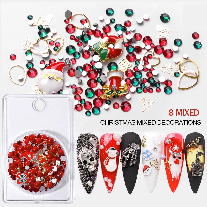 

1Box Crystal Rhinestones Metal Studs Mix 3D Snowflakes Tree Gift Bell Deer Pumpkin Skull Halloween Christmas Nail Art Decoration
