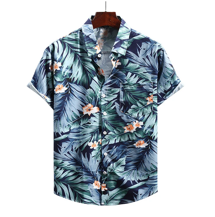 

Summer Vacation Hawaii Flower Graphic Print Polyester Short Sleeve Front Pocket Shirt Men Casual