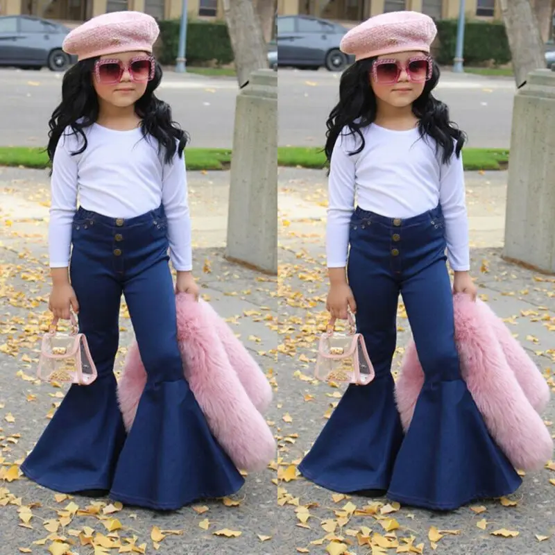 

Toddler Baby Girl Blue Jeans Buttons Skinny Flared Jeans Kids Stretchy Denim Bell-Bottoms Long Trousers, As picture