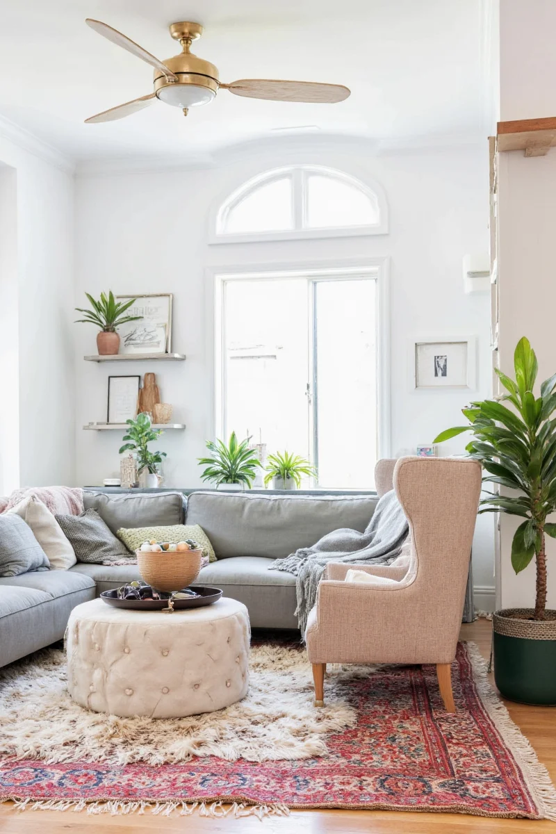 Modern living room with children's toys neatly stored away