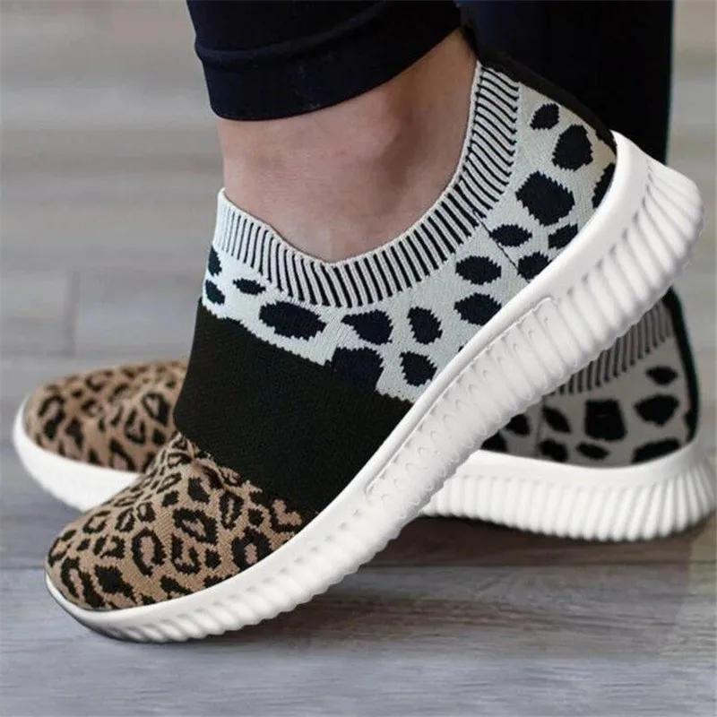 

Leopard effect breathable and soft women running shoes casual and relaxing slip on flyknit female flat sport sneakers