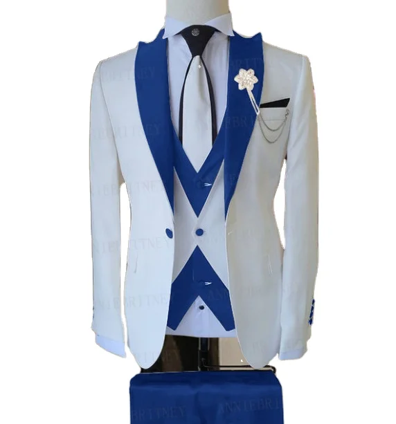 

2021 Brand Suit Men 3 Pieces Groom Wedding Men Suit Set Fashion Designs White Business Jacket Vest Royal Blue Pants Dress Tuxedo, Same as picture/custom made