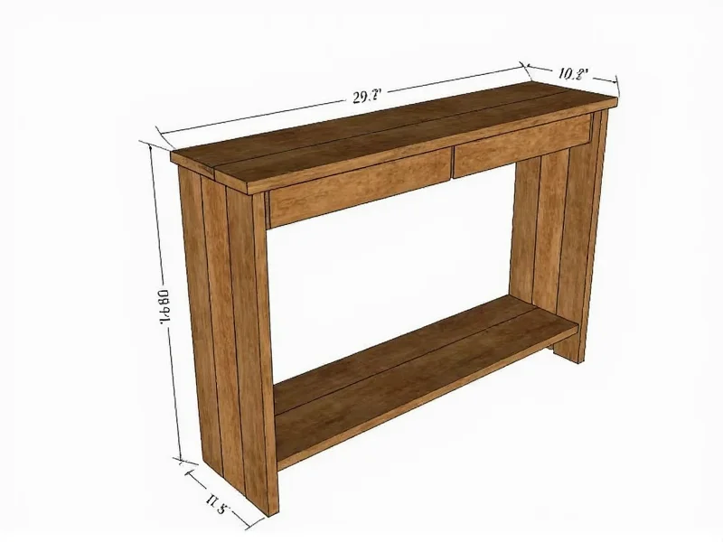 Reclaimed wood console table dimensions diagram showing height depth measurements