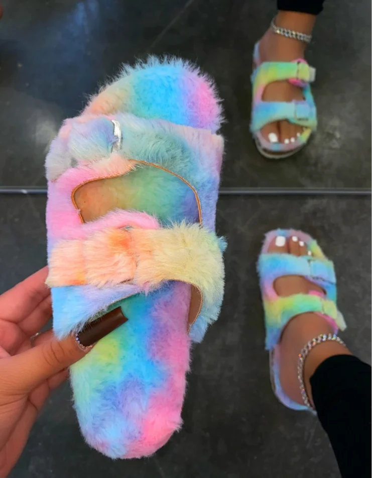 

Winter Colorful Fashion Sandal wanita rainbow designer slides faux fur gocci slippers women slides