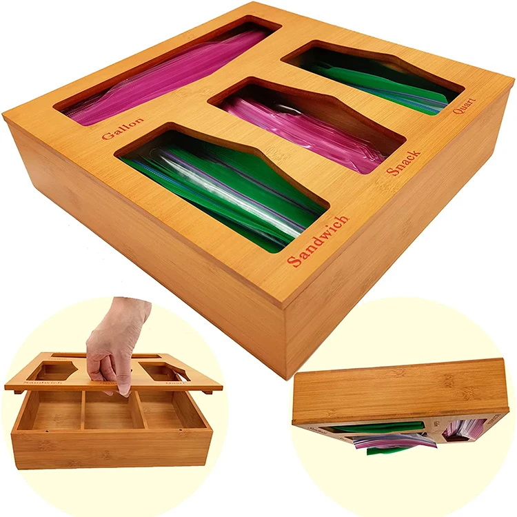 

Bamboo Ziplock Bag Storage Organizer and Dispenser for Kitchen Drawer, Suitable for Snack Variety Size Bag, Natural bamboo color