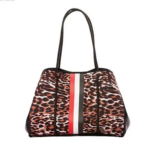 

2021 Fashion Leopard Lady Beach Handbag Women Tote Bag Casual Tote Perforated Neoprene  Accept Customized Logo, White, leopard
