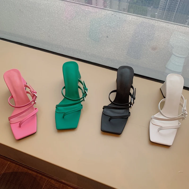 

New Square Clip Toe Design Chunky High Heel Slippers Summer Outdoor Ladies Buckle Strap Flip Flops Shoes