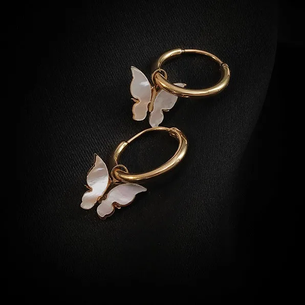 

18K Gold Plated White Shell Butterfly Hoop Earring Stainless Steel Trendy Jewelry SL-E019