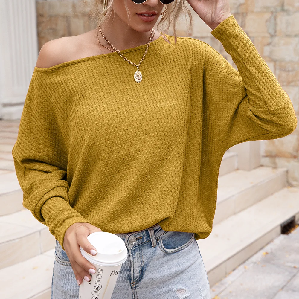 

WW-0330 A Word Shoulder Dress Fashion Foreign Trade Long Sleeve T-shirt Long Sleeve For Women T shirt Trendy Tops, Customized color