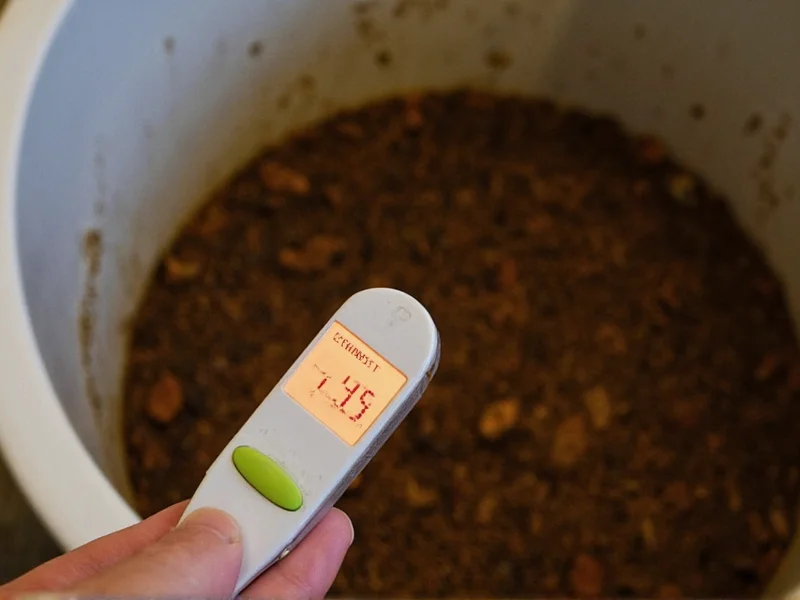 Compost thermometer showing 145 degree temperature in active bin