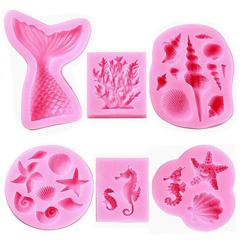 

promotion Marine Theme Fondant Silicone Mold Seashell conch Mermaid Tail Seahorse starfish coral mould, Customized color