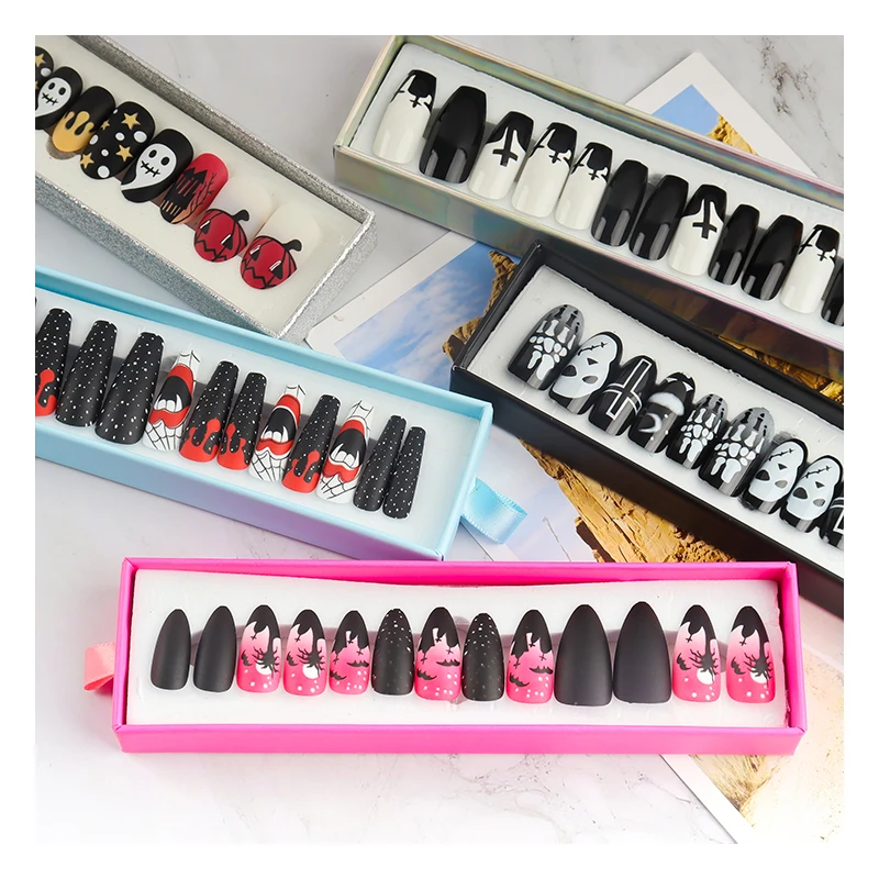 

New Style Long Coffin hand made press on nails Private Label press on nails Halloween Stick On Nails