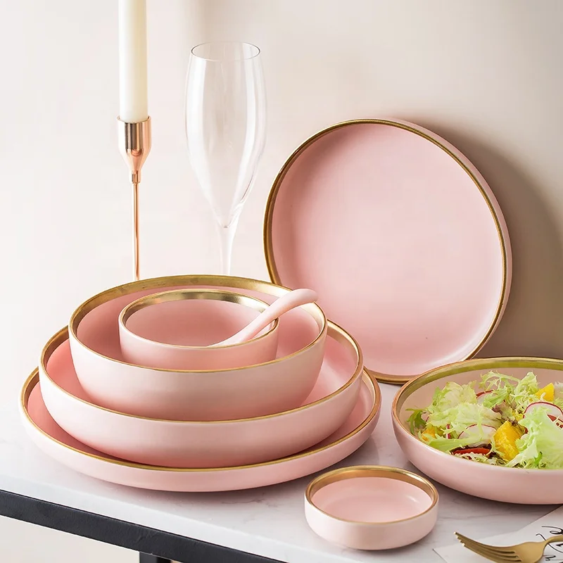 

Pink Porcelain Dinnerware Set With Gold Rim For Breakfast Lunch Dinner Pasta Plate Salad Dish