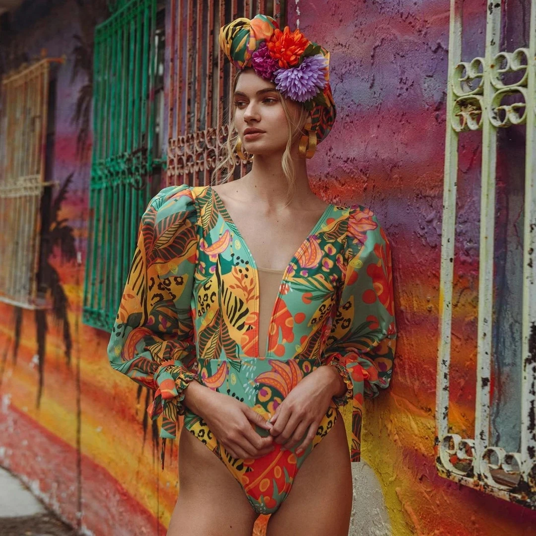 

Tropical print One Piece Swimsuit 2022 Long Sleeve Swimwear Women Swimsuit Backless Solid Bathing Suit Beachwear Monokini