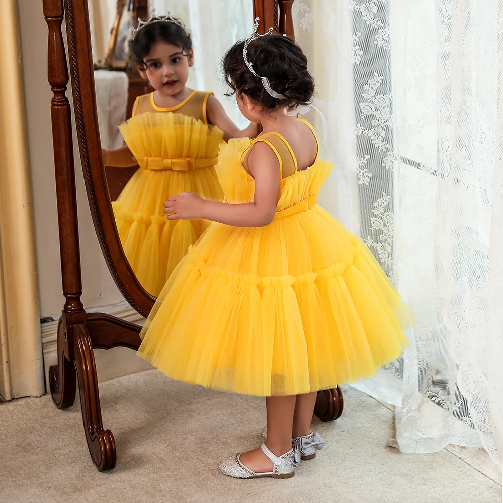 

2022 Baby Communion Princess Pageant Party Yellow Club Dresses For Girls