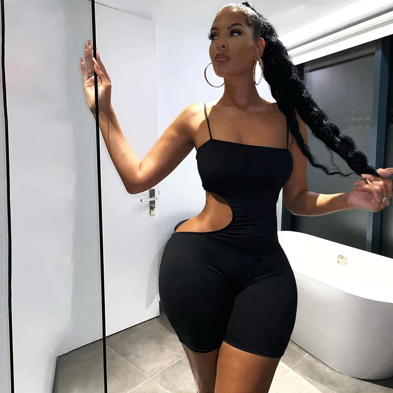 

P1738312 Latest design summer black spaghetti strap rompers womens sexy hole one piece jumpsuit backless short women jumpsuits