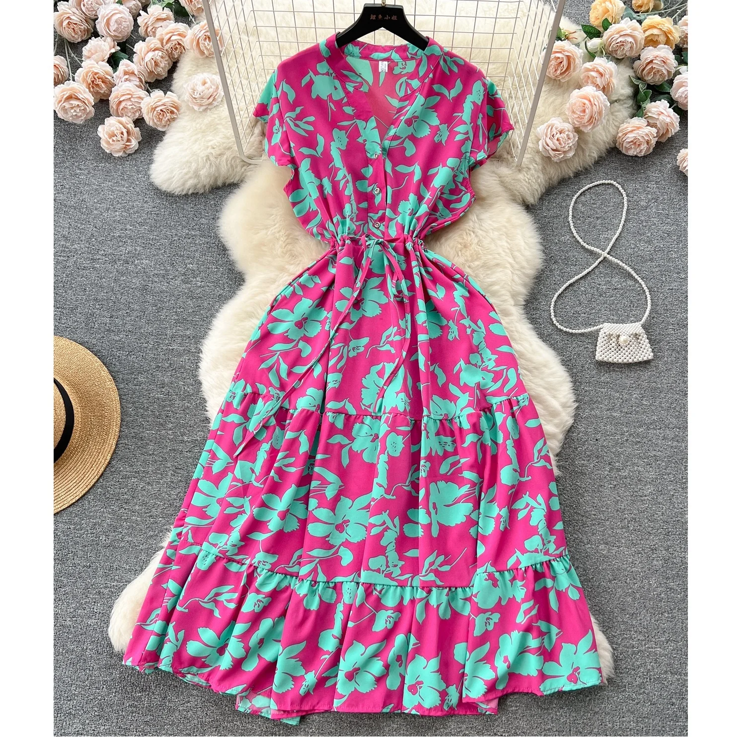 

Summer French Vacation Short Sleeve V-Neck Floral Chiffon Casual Dresses