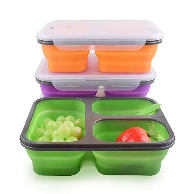 

3 Compartment Collapsible Silicon Food Container with Lid Foldable Silicone Lunchbox BPA Free Food Storage Container Box, Customized color