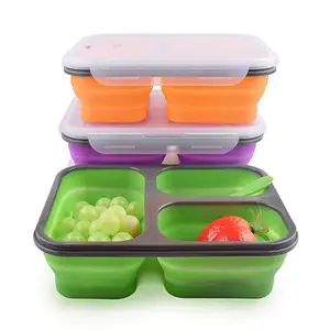 Image of 3 Compartment Collapsible Silicon Food Container with Lid Foldable Silicone Lunchbox BPA Free Food Storage Container Box