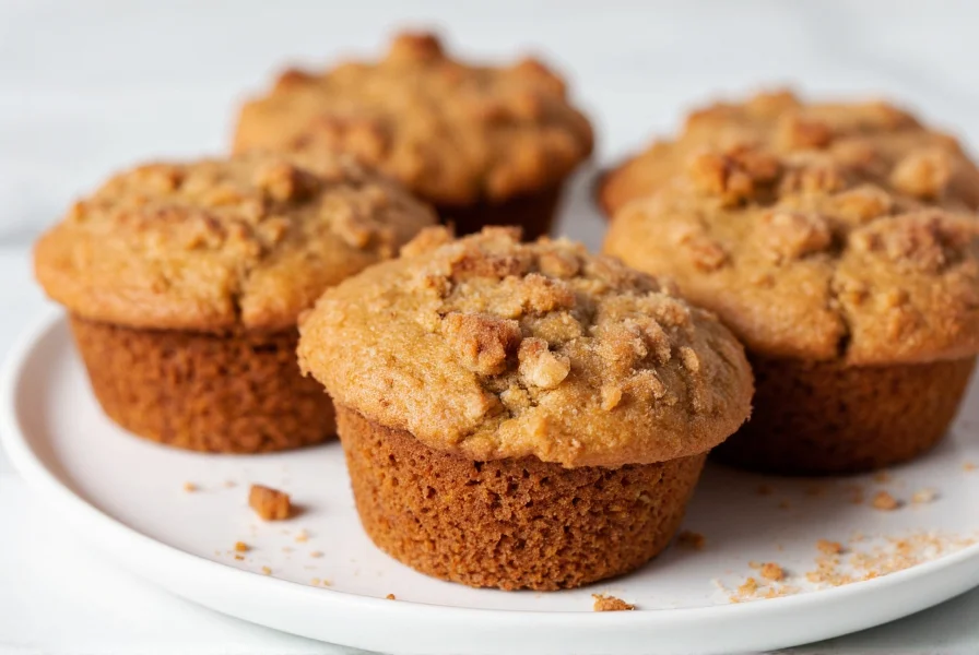 Freshly baked cinnamon coffee cake muffins with golden brown streusel topping on a white plate