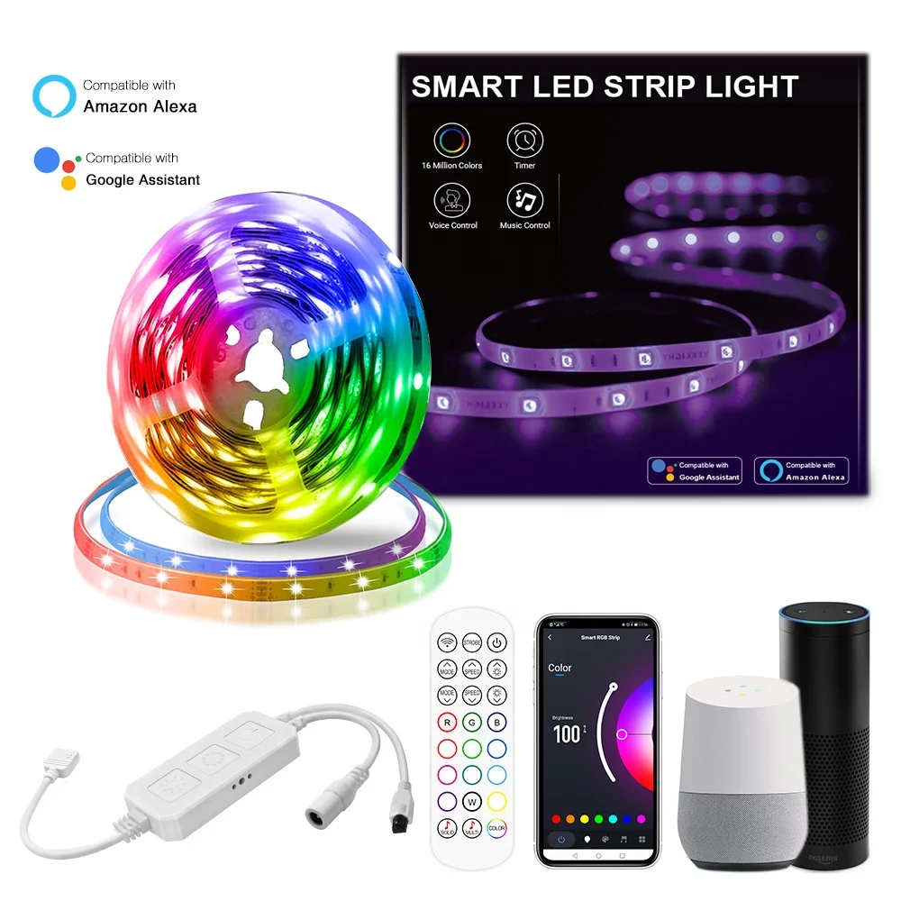 5M 300 LEDs IP65 Waterprood Smart Strip LED Light RGB Color changing Work With Alexa And Google Home