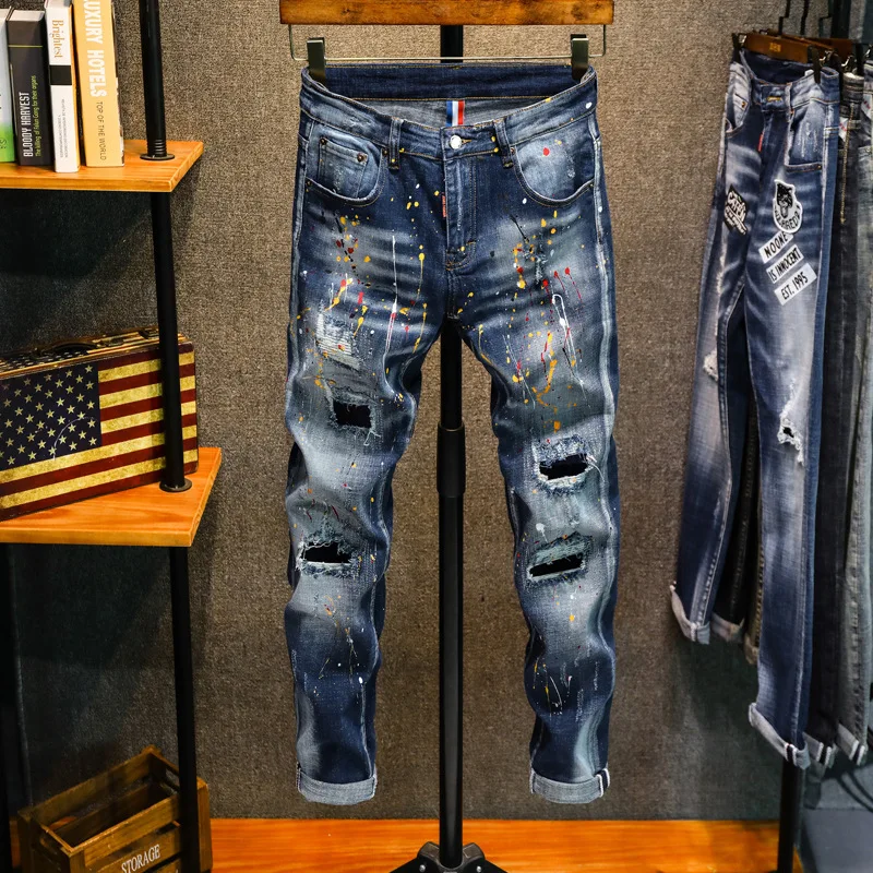 

High quality men colored hand-painted splash ripped slim fit jeans pants