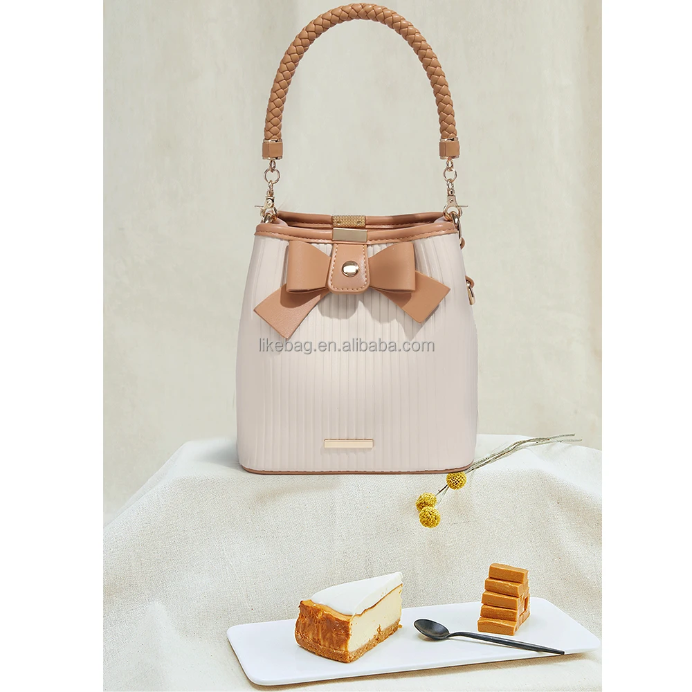 

LIKEBAG fashion niche design bowknot color-blocking bucket bag luxury PU leather ladies shoulder portable messenger bag