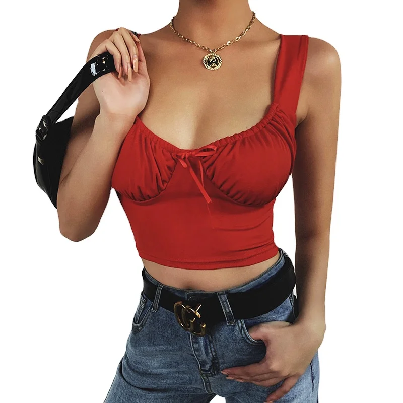 

Fashion Female Sexy U neck vest Ladies bow pleats halter Sleeveless womens crop top, 5 colors