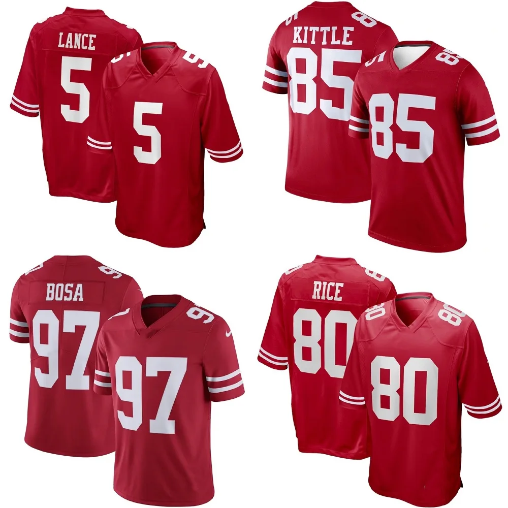 

Custom San Francisco City Team Club Uniform Stitched American Football Jersey 49er Scarlet Game 5 Lance 85 Kittle 80 Rice