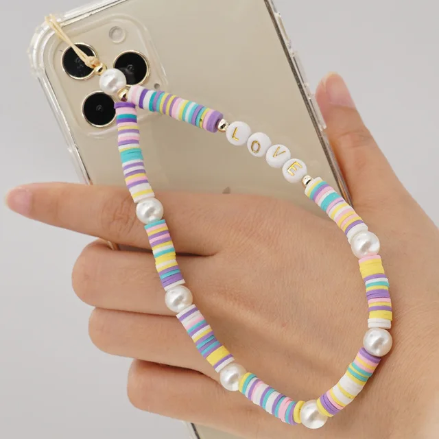 

PC1075 Chic Phone Accessories Pastel Polymer Clay Disc Heishi and Pearl Beaded Love Phone Charm Straps