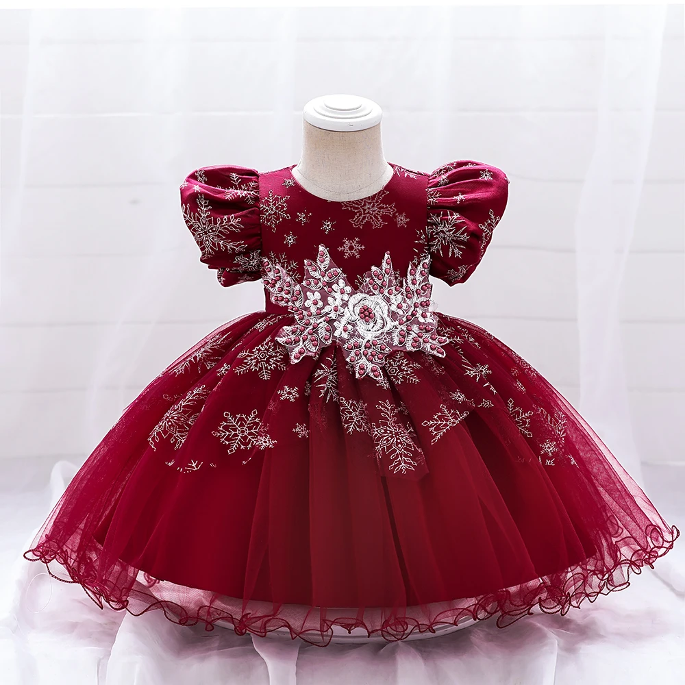 

FSMKTZ Pretty Luxury Embroidery Baby Girls Dress Red Christmas Party Frock Birthday Gift for Kids Gown Dresses