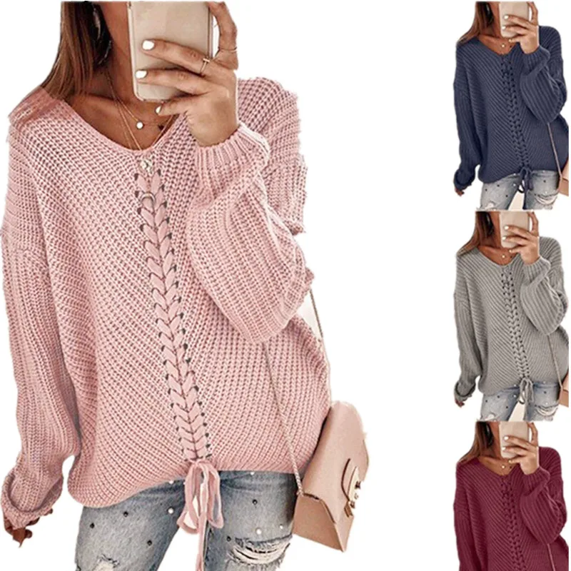 

Wild Match Long Sleeve V-neck Drawstring Halter Sexy Pullover Stylish Fashion Plus Size Women Knitted Sweater for Ladies, Multicolor